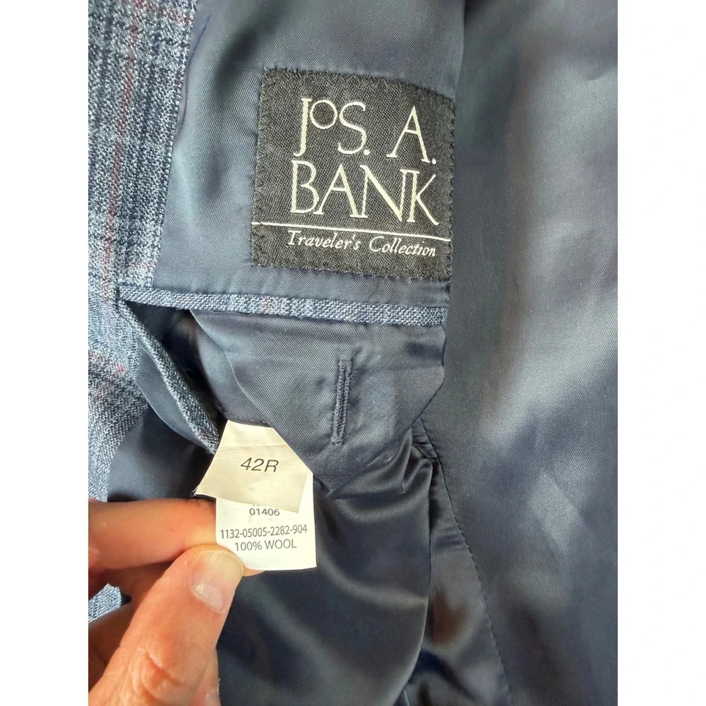 Jos. A Bank Traveler Collection Men 42R Blue Tartan Plaid Wool Blazer Sport Coat